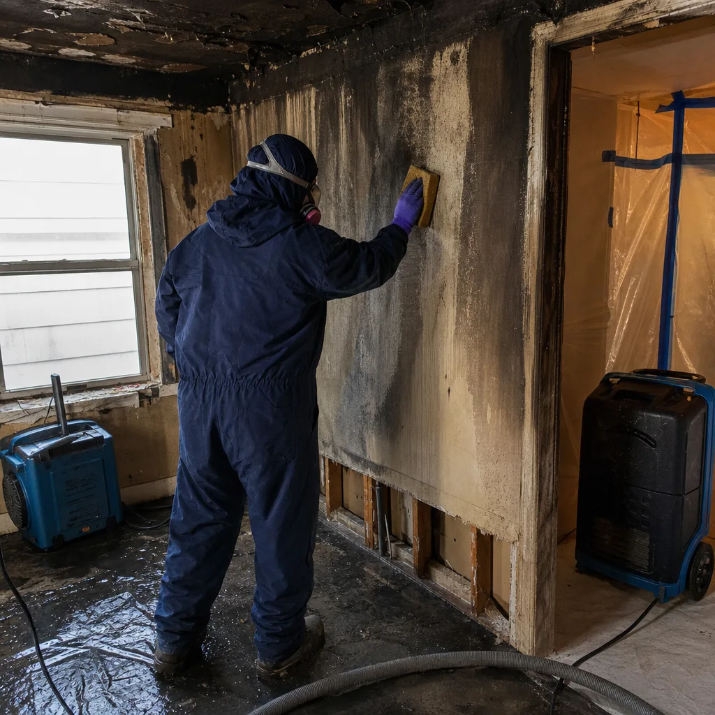 Professional cleaning soot and smoke damage from wall after house fire