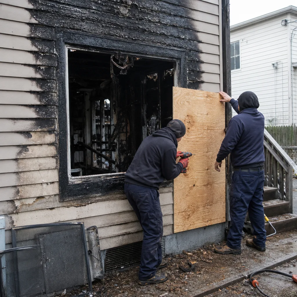Two contractors boarding up a window after fire damage restoration