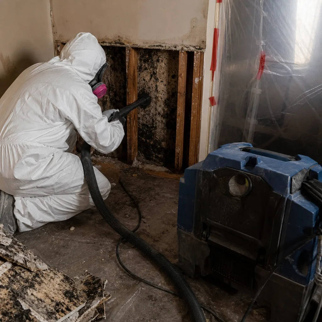 Technician in protective suit using HEPA vacuum for mold remediation.