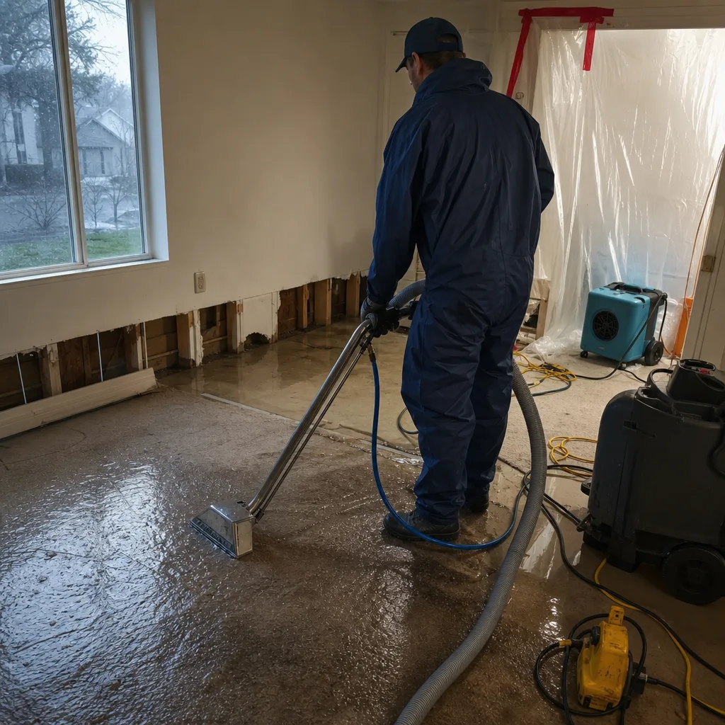 Technician performing water damage restoration extraction on a flooded residential floor.