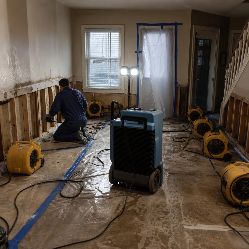 Water damage restoration professional using industrial drying equipment in a home